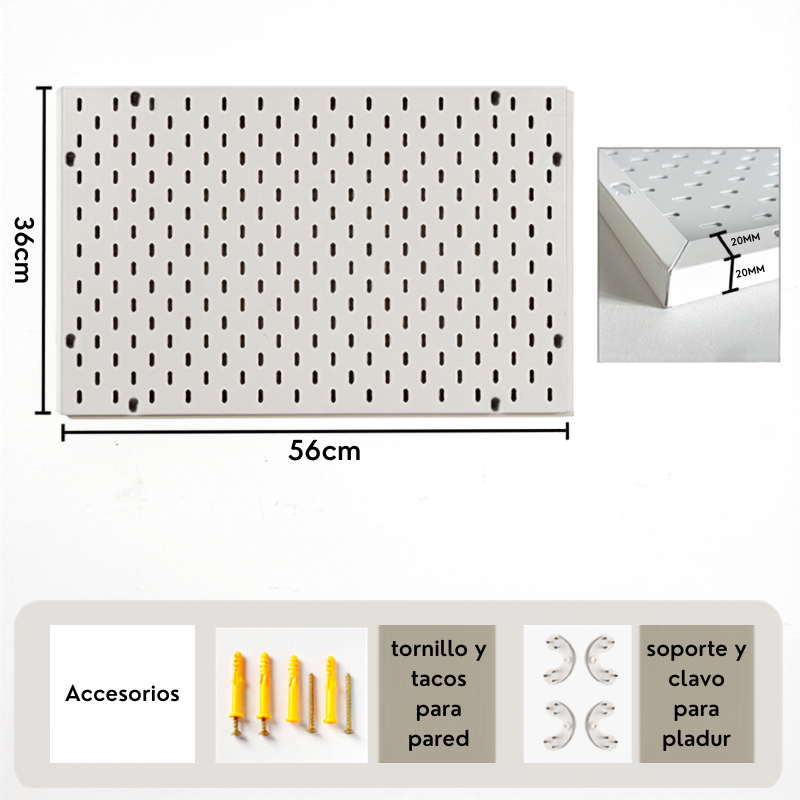 Panel Perforado Metálico Organizador 56×36 cm – Tablero Pared | Blanco