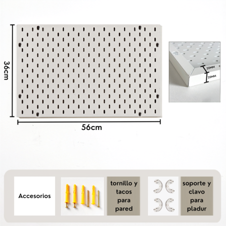 Panel Perforado Metálico Organizador 56×36 cm – Tablero Pared | Blanco