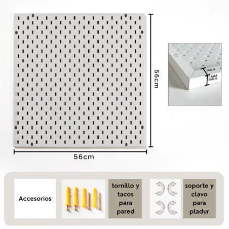 Panel Perforado Metálico Organizador 56×56 cm – Tablero Pared | Blanco